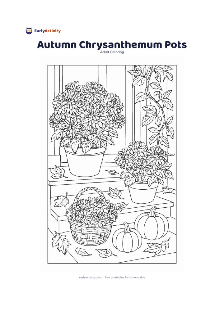 Colouring page: Draw a front step decorated with potted chrysanthemums, fallen leaves, small pumpkins and a woven basket during autumn. Include flowers in several stages and a leafy vine curling around…
