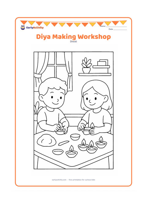 Colouring page: Two children sit at a low table shaping clay diyas, with several finished lamps, a lump of clay, and simple tools on the tabletop. Show a bright home craft corner in the background.