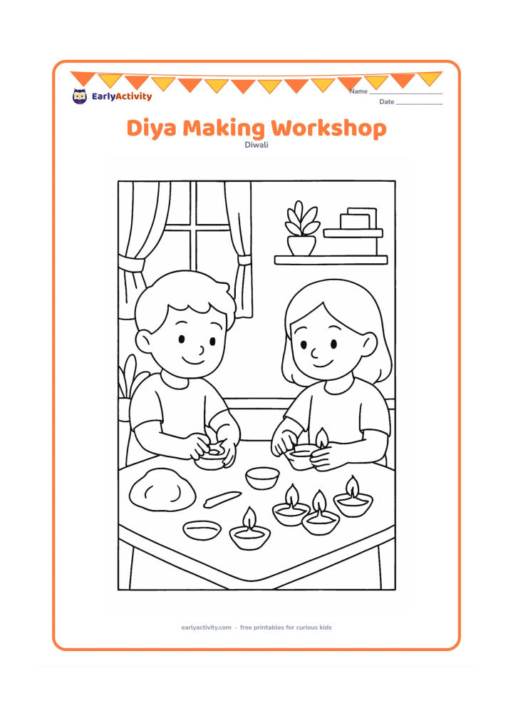 Colouring page: Two children sit at a low table shaping clay diyas, with several finished lamps, a lump of clay, and simple tools on the tabletop. Show a bright home craft corner in the background.