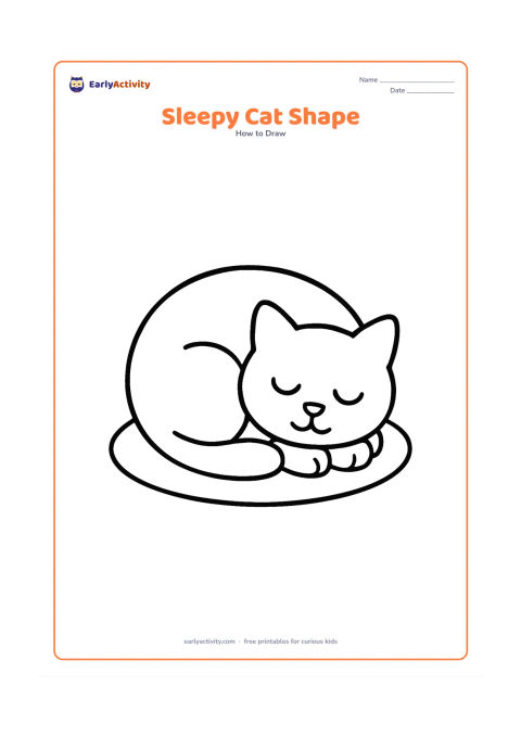 Worksheet: Draw a curled-up sleeping cat as one large rounded body shape with a tucked head, closed eyes, two ears, and a tail wrapped across the paws. Add a simple oval mat underneath.