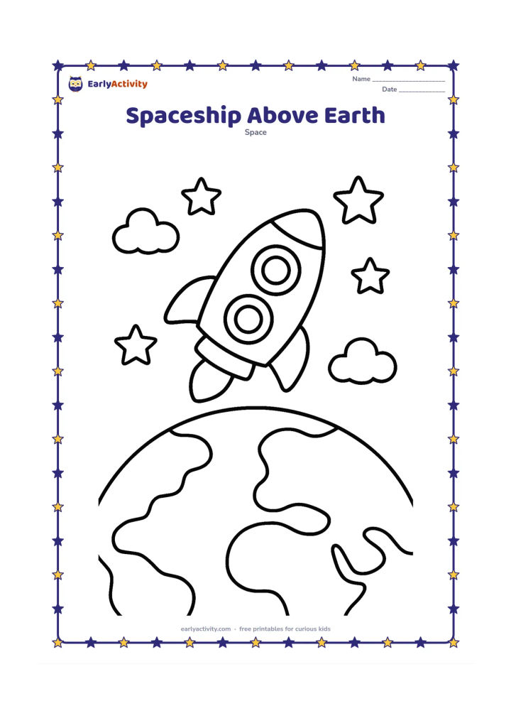 Colouring page: Draw a compact spaceship floating above a large curved Earth with simple land shapes, a few clouds and several oversized stars. The spaceship should have a rounded body and two large…