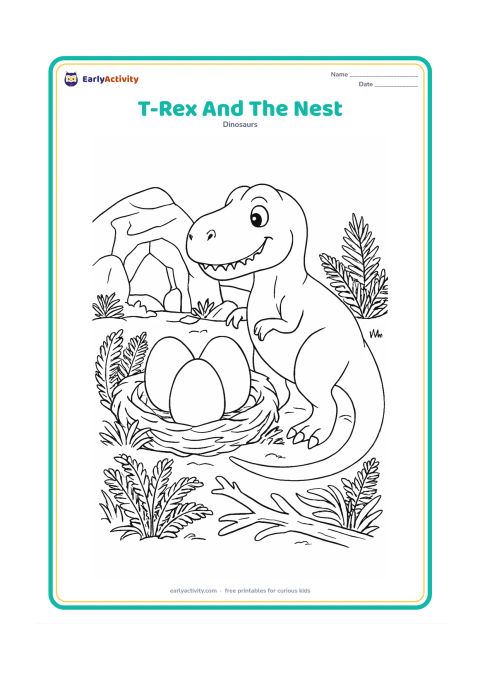 Colouring page: A protective but cheerful T-Rex looks toward a nest holding three large dinosaur eggs, surrounded by ferns, cycads, fallen branches, and a rocky shelter. Its tail curves around the scene…