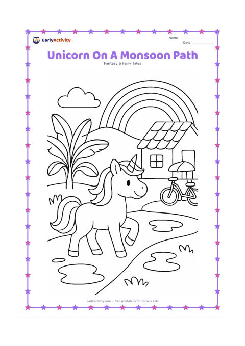 Colouring page: Draw one unicorn walking along a village path after rain, with puddles, banana plants, a simple tiled-roof home, and a rainbow in the distance. Include a small covered bicycle parked…