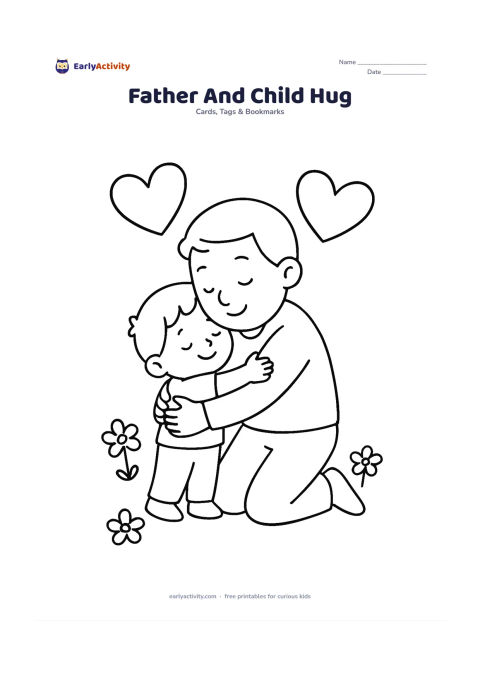 Worksheet: Draw a caring father kneeling and hugging a small child, with two large hearts and a few simple flowers around them. Keep the figures centred with generous blank space around the scene.