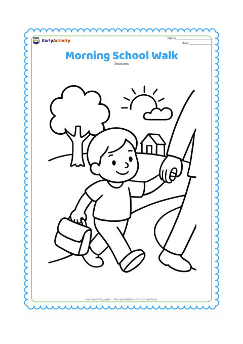 Colouring page: A child walks along a quiet path carrying a bag and holding an adult's hand. Show a tree, a small house, a rising sun and a few clouds in the background.