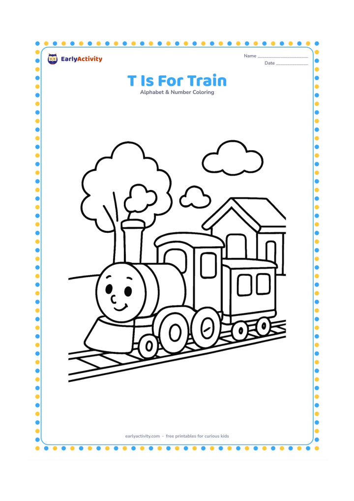 Colouring page: Draw a friendly toy train moving along a short track beside a small station platform, with a tree and two clouds behind. Show the engine and one carriage in a simple side view.