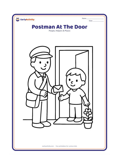 Colouring page: A postman stands at a home door holding a small envelope while a child opens the door. Show a doormat, doorway and one flower pot.