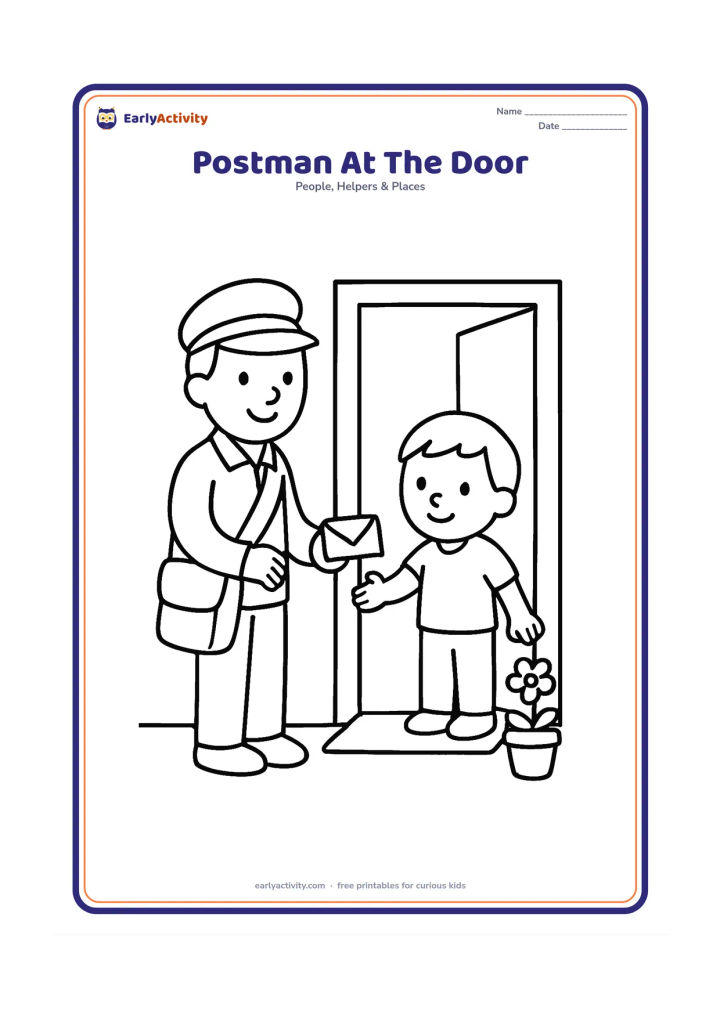 Colouring page: A postman stands at a home door holding a small envelope while a child opens the door. Show a doormat, doorway and one flower pot.