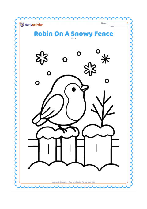 Colouring page: Draw a robin perched on a simple garden fence covered with rounded snow shapes. Add one bare shrub and a few large snowflakes in the open sky.