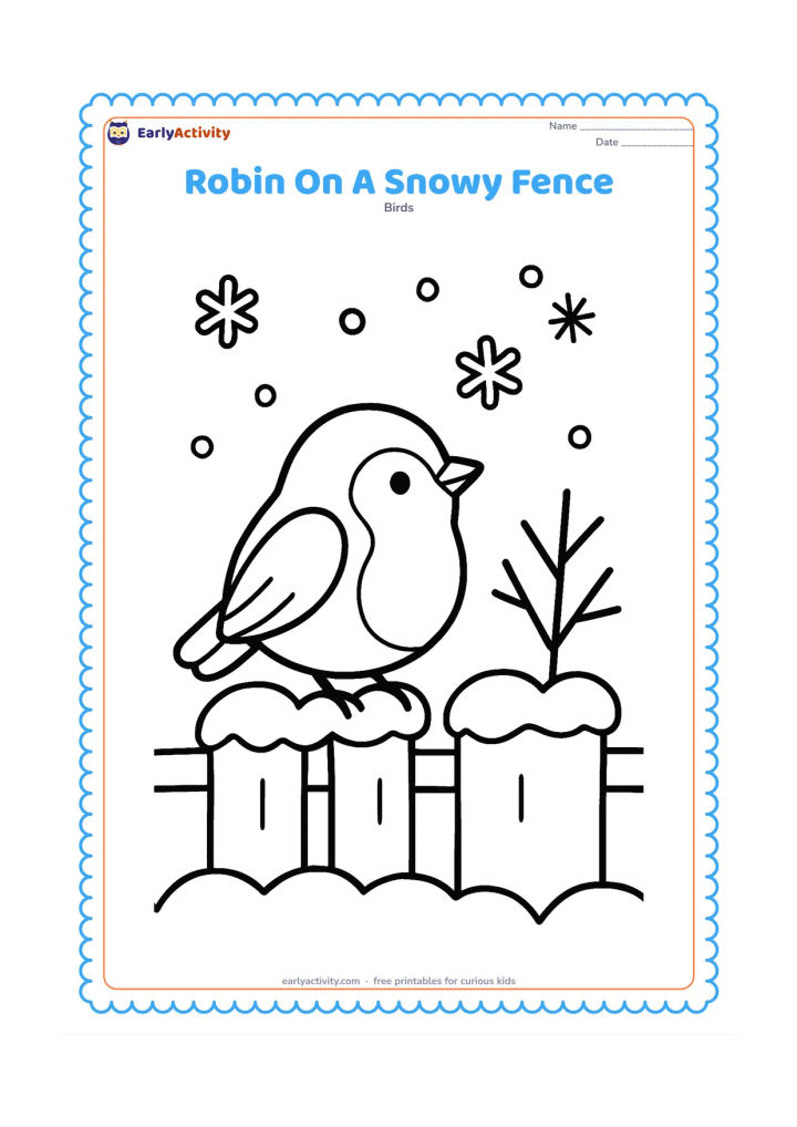 Colouring page: Draw a robin perched on a simple garden fence covered with rounded snow shapes. Add one bare shrub and a few large snowflakes in the open sky.