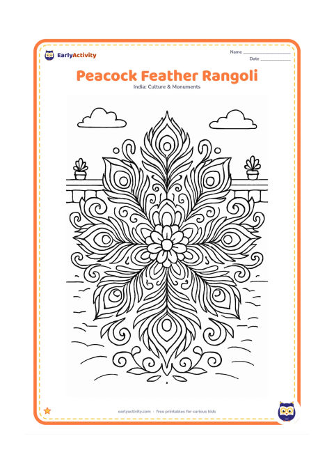 Colouring page: Create a detailed symmetrical rangoli inspired by peacock feathers, with repeated feather eyes, curling plume shapes and a flower at the center. Add low courtyard walls and small pots of…