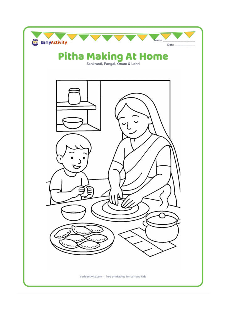 Colouring page: Draw a child and an adult preparing pitha at a low kitchen table, with a plate of finished cakes, a bowl, a banana leaf, and a steaming cooking pot. Set the scene in a simple Assamese…
