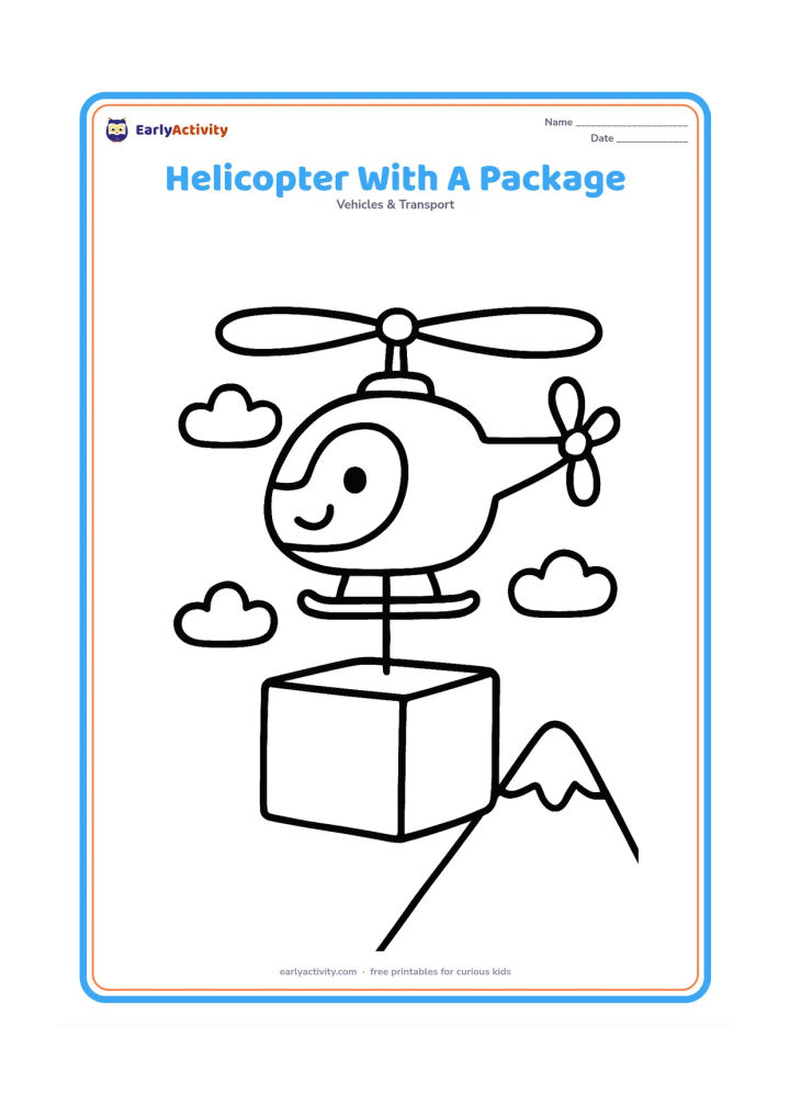 Colouring page: Draw a helicopter carrying one large plain supply box on a short cable beneath it. Add clouds and a simple mountain shape in the distance.