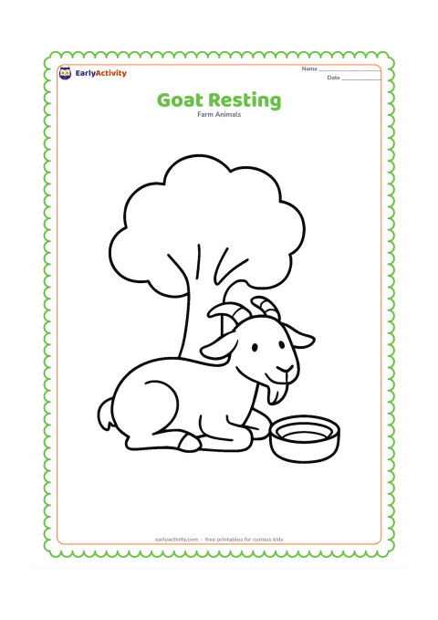 Colouring page: Draw a relaxed goat lying on the ground with folded legs, a curved horn on each side of its head, and a small round water bowl nearby. Add one broad shade tree trunk behind it.