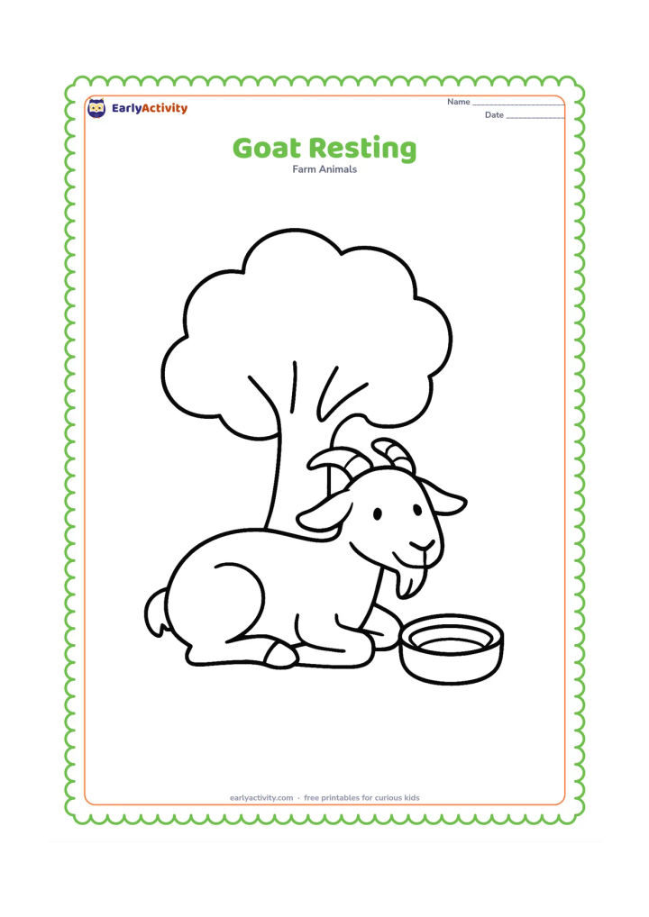 Colouring page: Draw a relaxed goat lying on the ground with folded legs, a curved horn on each side of its head, and a small round water bowl nearby. Add one broad shade tree trunk behind it.