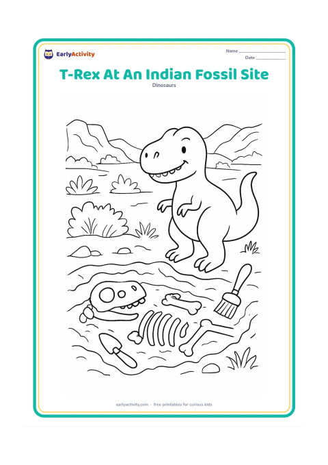 Colouring page: A T-Rex appears as a friendly imaginative scene beside a detailed fossil excavation in an Indian rocky landscape, with exposed bone shapes, brushes, a shallow dig area, scrub plants, and…