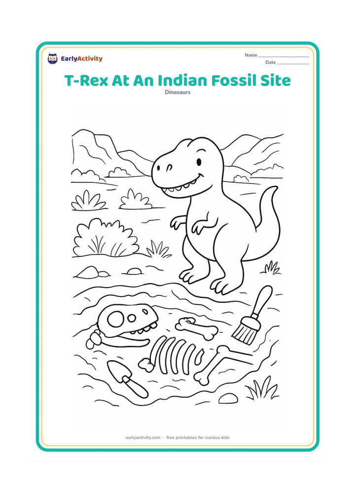 Colouring page: A T-Rex appears as a friendly imaginative scene beside a detailed fossil excavation in an Indian rocky landscape, with exposed bone shapes, brushes, a shallow dig area, scrub plants, and…
