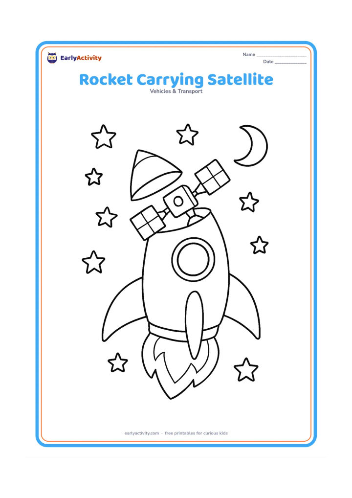 Colouring page: Draw a rocket opening its upper compartment to release a small satellite with solar panels, while stars and a crescent planet fill the background.