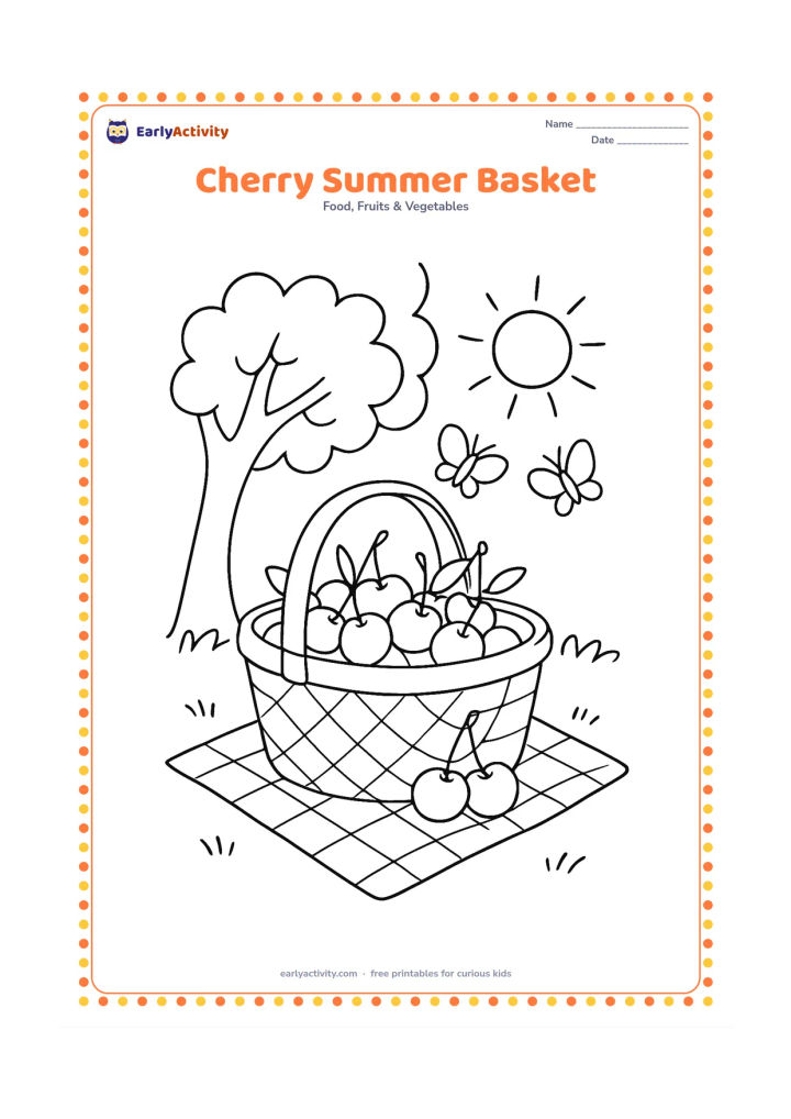 Colouring page: Draw a picnic basket filled with cherries under a leafy tree, with a sun, two butterflies and a light picnic cloth.
