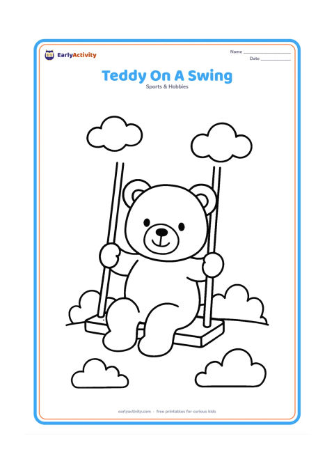 Colouring page: A teddy bear sits on a simple playground swing, holding both ropes, with two clouds and a few rounded bushes behind it. Show the swing at a gentle angle rather than in motion.