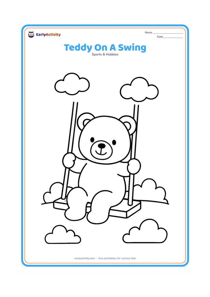 Colouring page: A teddy bear sits on a simple playground swing, holding both ropes, with two clouds and a few rounded bushes behind it. Show the swing at a gentle angle rather than in motion.