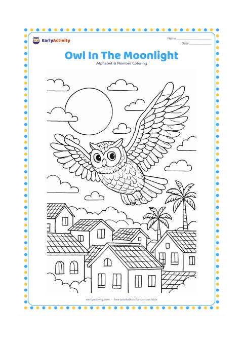 Colouring page: Draw a detailed but friendly owl flying over a quiet Indian village at night, with tiled rooftops, palm trees, a large moon and scattered clouds below. Keep every building free of signs…