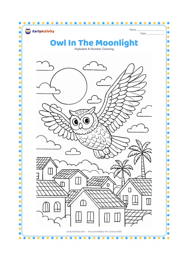 Colouring page: Draw a detailed but friendly owl flying over a quiet Indian village at night, with tiled rooftops, palm trees, a large moon and scattered clouds below. Keep every building free of signs…