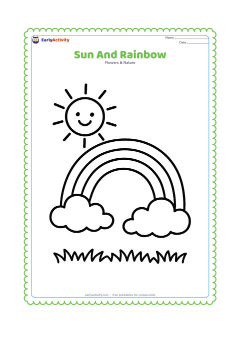 Colouring page: Draw a happy sun beside a large simple rainbow arching over two clouds. Add a low strip of grass beneath the clouds and leave plenty of open space.