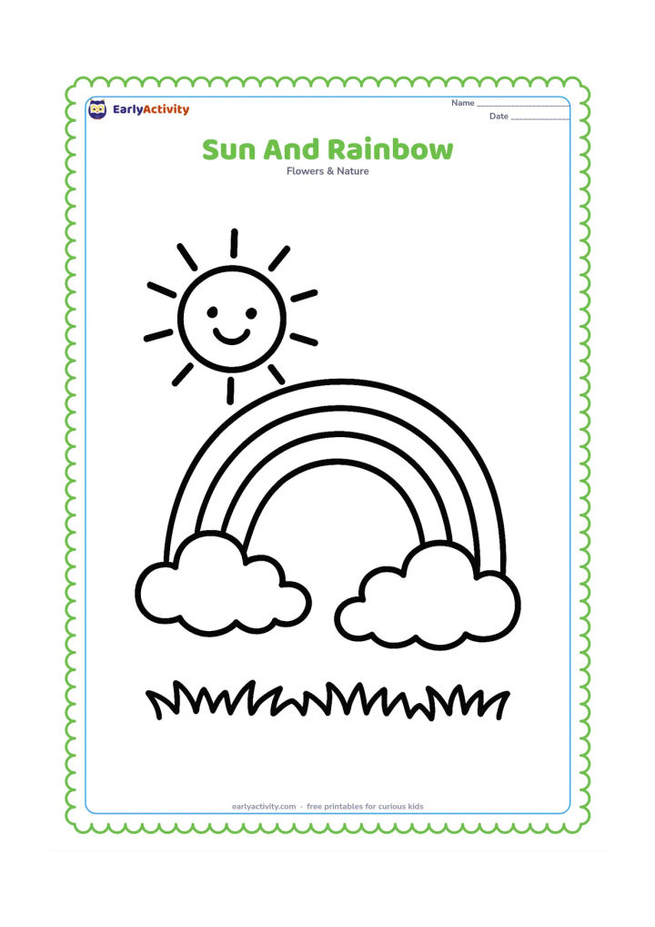 Colouring page: Draw a happy sun beside a large simple rainbow arching over two clouds. Add a low strip of grass beneath the clouds and leave plenty of open space.