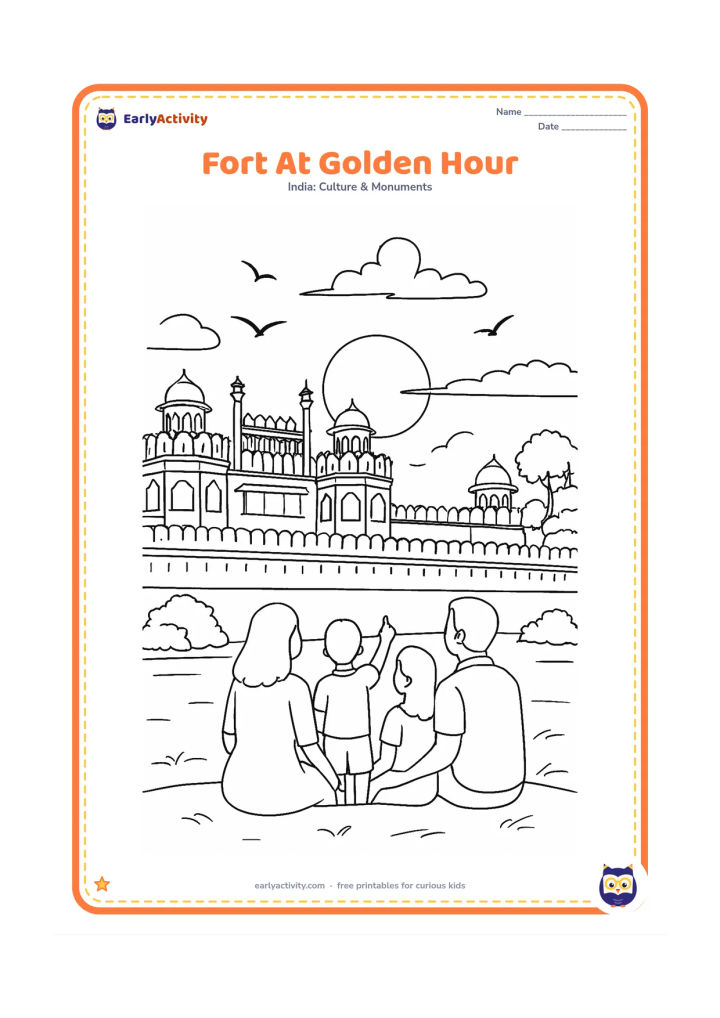 Colouring page: Show a detailed Red Fort panorama at sunset, including the main gate, long sandstone walls, domes, chhatris, trees and a broad foreground where a family watches the sky. Add birds and a…
