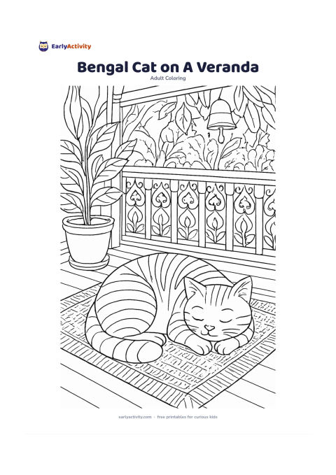 Colouring page: Draw a relaxed striped cat curled on a shaded veranda beside a woven mat and a clay plant pot. Include carved railing details, potted leaves, a hanging bell without markings and a…