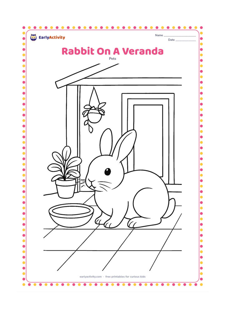 Colouring page: A pet rabbit sits on an Indian home veranda beside a low clay bowl and a potted plant. Include a tiled floor, a simple doorway and a hanging plant pot.