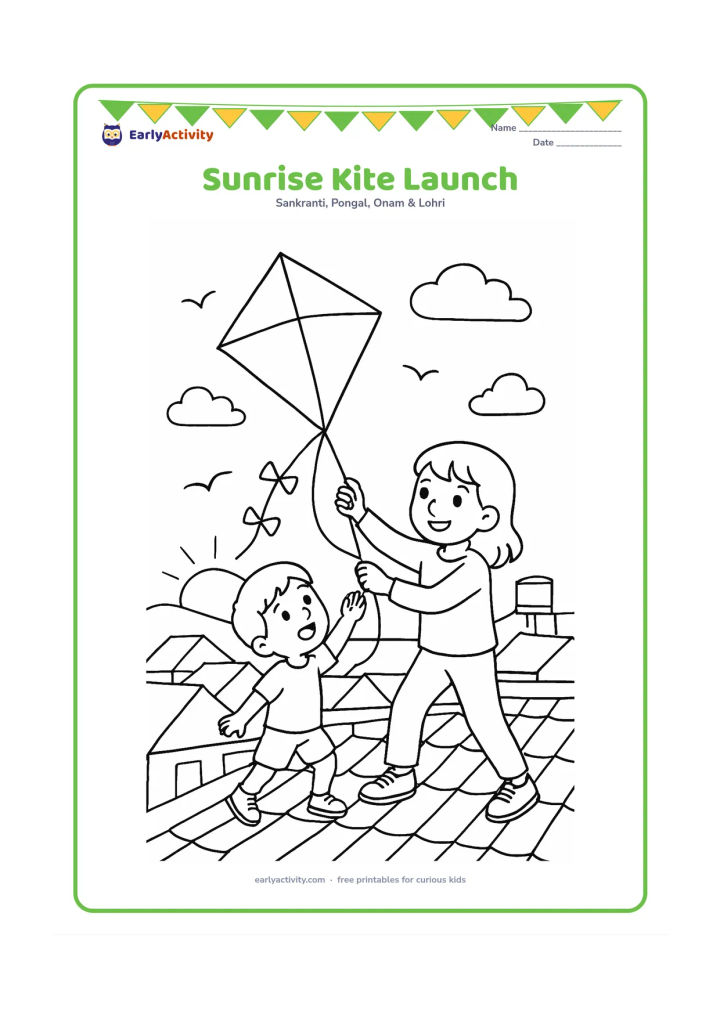 Colouring page: At dawn, a child and an older sibling launch a large kite from a rooftop, with layered rooftops, a rising sun, clouds, birds, and a distant water tank.