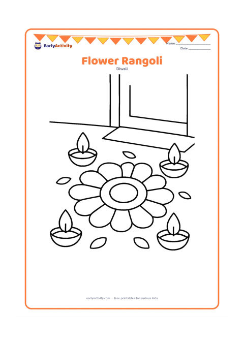 Colouring page: A large flower-shaped rangoli fills most of the page, surrounded by four oversized diyas and a few simple petals. Show it on the floor near a plain entrance threshold.