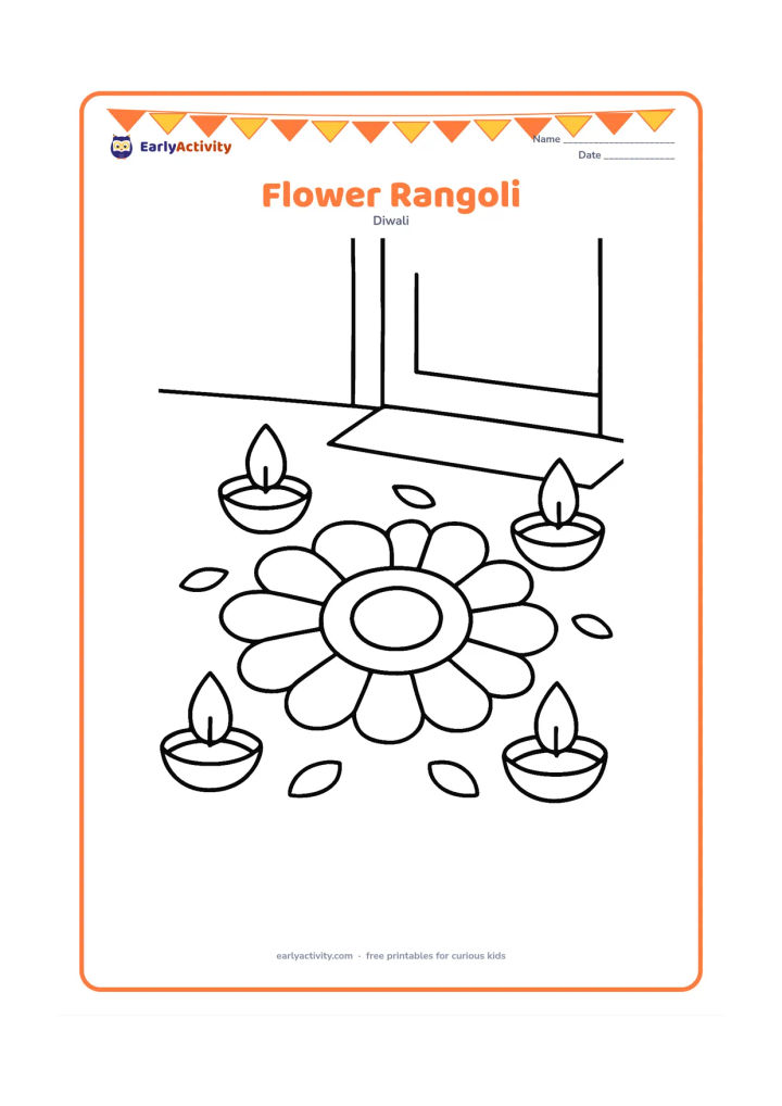 Colouring page: A large flower-shaped rangoli fills most of the page, surrounded by four oversized diyas and a few simple petals. Show it on the floor near a plain entrance threshold.