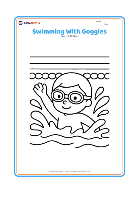 Colouring page: A young swimmer moves through a pool wearing swimming goggles, with large splash shapes, lane ropes and a simple pool edge in the background. Show the swimmer's arms and face clearly…