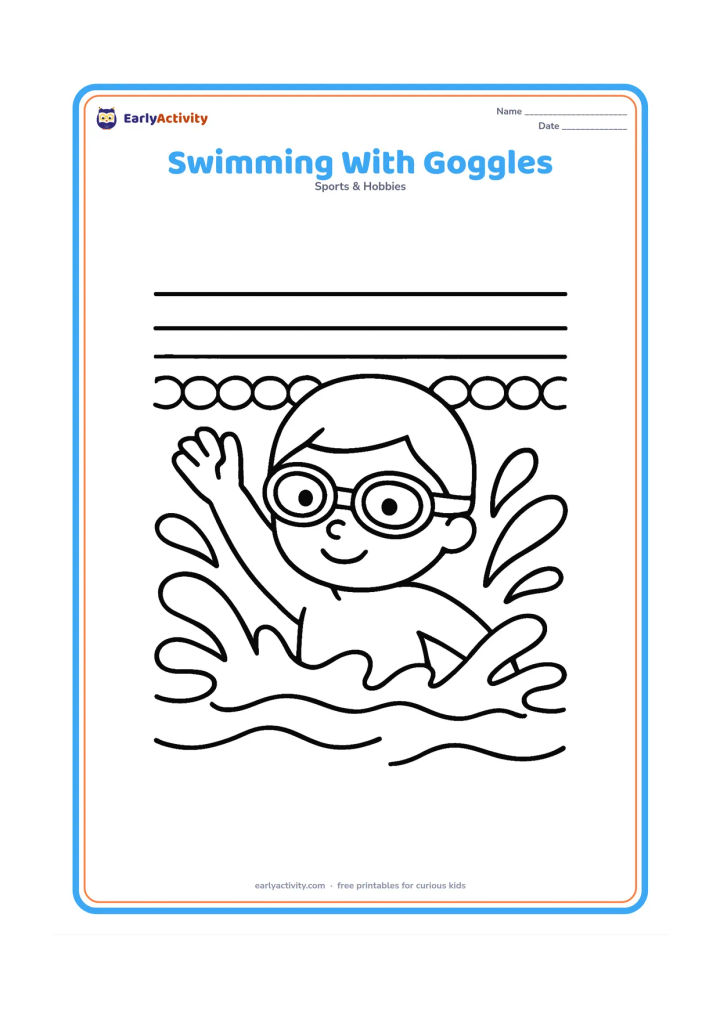Colouring page: A young swimmer moves through a pool wearing swimming goggles, with large splash shapes, lane ropes and a simple pool edge in the background. Show the swimmer's arms and face clearly…