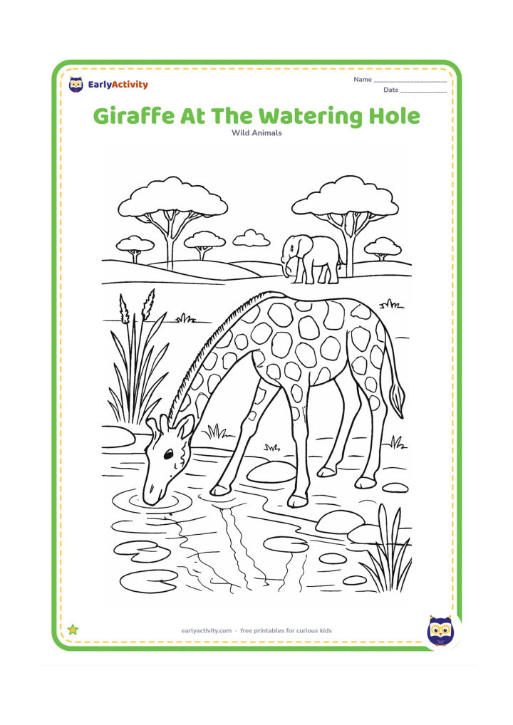 Colouring page: A giraffe lowers its neck to drink at a detailed waterhole surrounded by reeds and smooth rocks. Include reflections, lily pads, a crocodile-free safe shoreline, an elephant in the…
