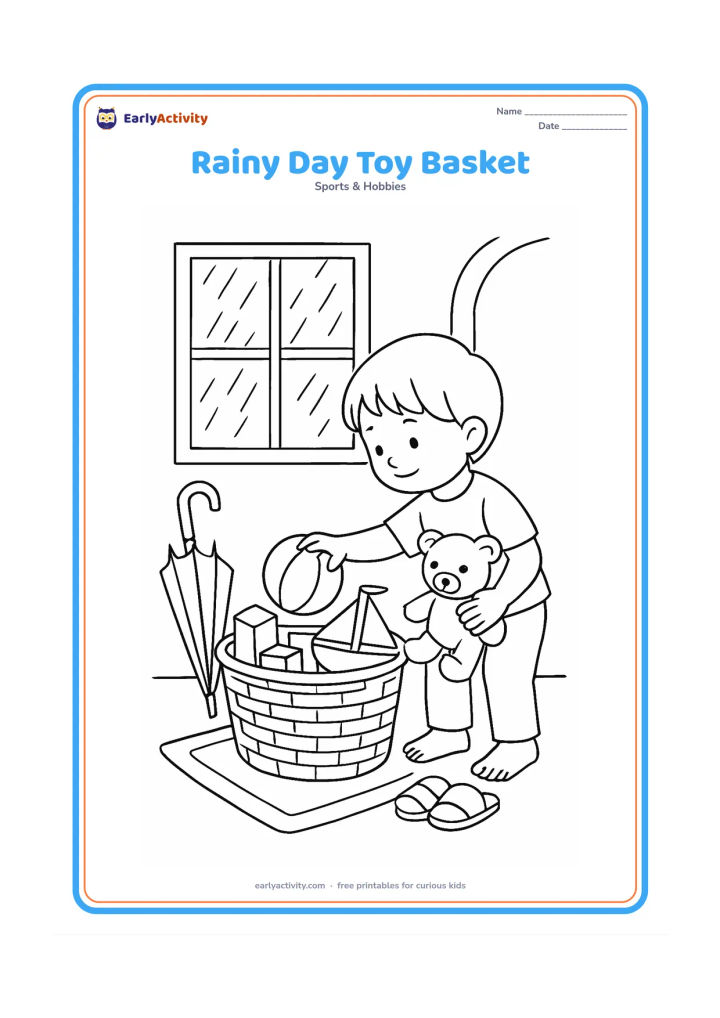 Colouring page: A child indoors places a ball, teddy bear, blocks and a toy boat into a woven basket while rain falls outside the window. Add a mat, umbrella and a pair of sandals near the doorway.