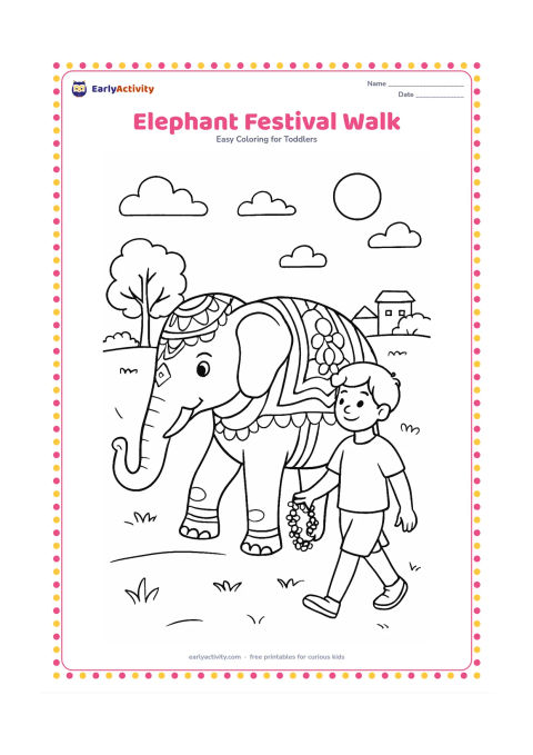 Colouring page: Draw a decorated elephant walking calmly beside a child carrying a small flower garland, with a few trees, distant buildings and a bright sky.