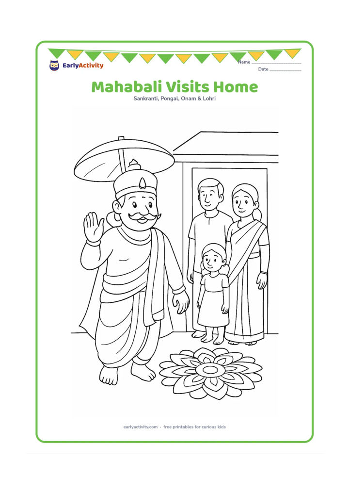 Colouring page: Draw a friendly traditionally dressed King Mahabali arriving at a family home with a raised hand in greeting. Show a plain crown, curved moustache, umbrella, family members at the…