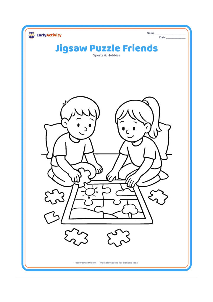 Colouring page: Two children work together on a large floor jigsaw puzzle showing a simple landscape picture. Several loose pieces surround the partly completed puzzle, with cushions behind them.