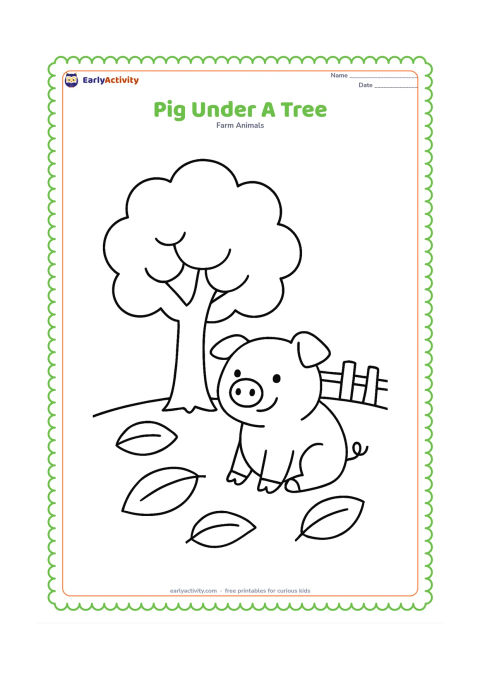 Colouring page: A pig rests sitting beneath a broad leafy tree. Add a few large fallen leaves, a simple fence and an open patch of grass.