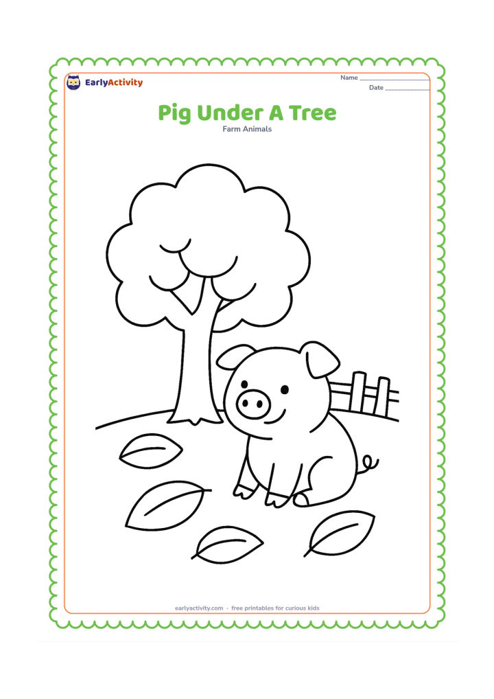 Colouring page: A pig rests sitting beneath a broad leafy tree. Add a few large fallen leaves, a simple fence and an open patch of grass.