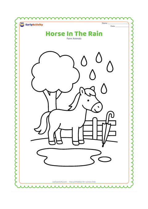 Colouring page: A horse stands calmly under a broad leafy tree while large raindrops fall around the field. Add a puddle, a fence and a simple umbrella leaning against the fence.