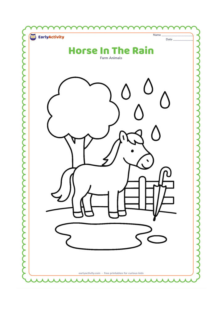 Colouring page: A horse stands calmly under a broad leafy tree while large raindrops fall around the field. Add a puddle, a fence and a simple umbrella leaning against the fence.
