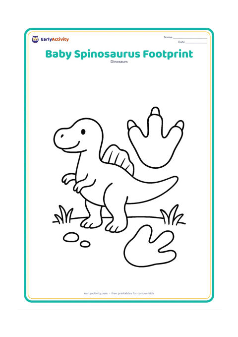 Colouring page: A young Spinosaurus stands beside one very large footprint, with its small sail, long snout and tail clearly visible. Place the footprint, a few simple pebbles and two short plants on…