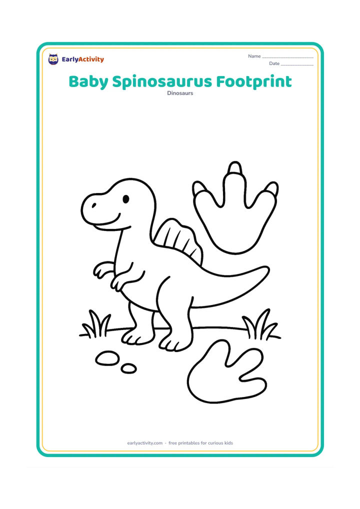 Colouring page: A young Spinosaurus stands beside one very large footprint, with its small sail, long snout and tail clearly visible. Place the footprint, a few simple pebbles and two short plants on…