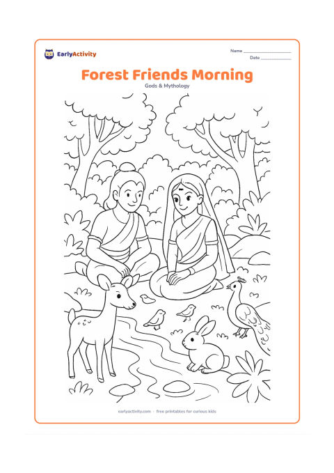 Colouring page: Ram and Sita sit beside a forest stream at morning while a deer, rabbit, peacock, and small birds gather peacefully nearby, with layered trees and rocks.