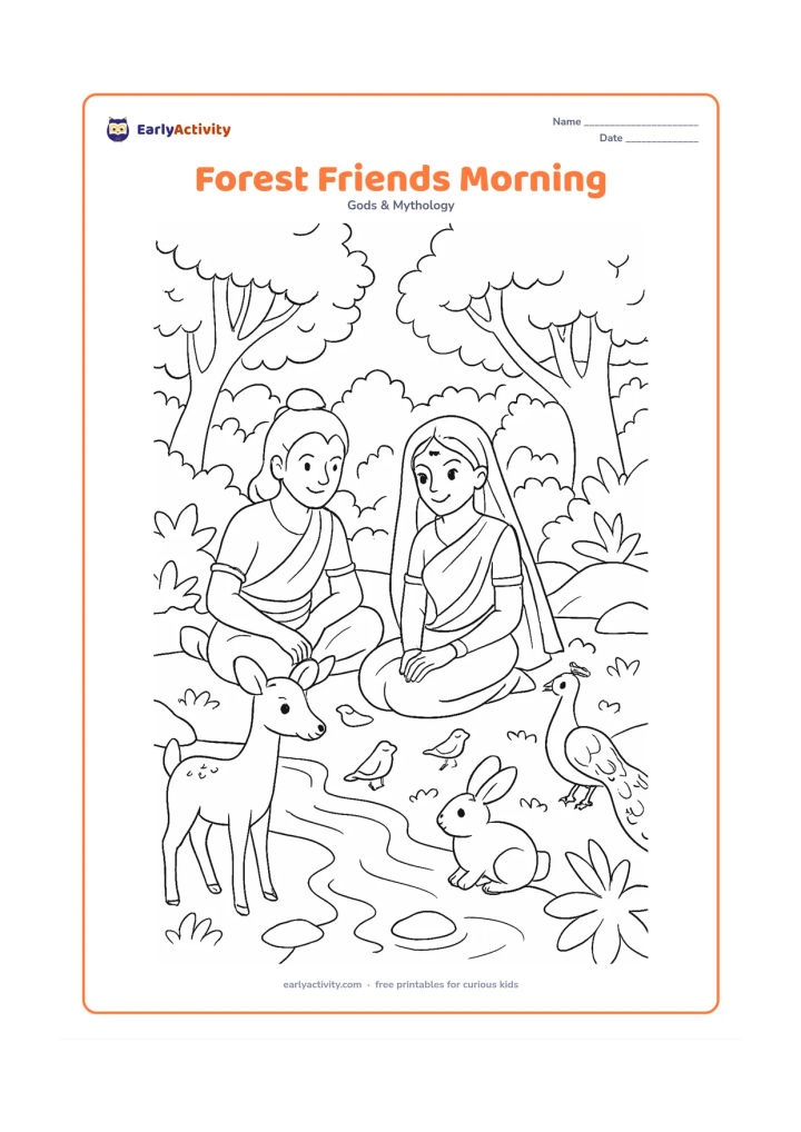Colouring page: Ram and Sita sit beside a forest stream at morning while a deer, rabbit, peacock, and small birds gather peacefully nearby, with layered trees and rocks.